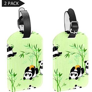 PU Lederen Bagage Tags Naam ID-labels voor Reistas Bagage Koffer met Terug Privacy Cover 2 Pack, Kleine Panda's en Bamboe Planten
