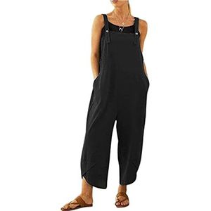 LINKE Overall voor dames casual losse tuinbroek zacht katoen linnen baggy jumpsuit verstelbare bandjes met zakken, M-5XL, Zwart, XXL