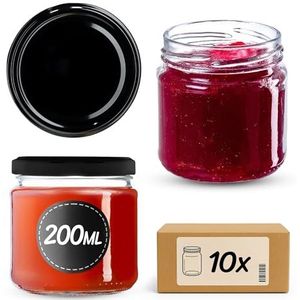 KADAX Kleine Inmaakpotten, 200 ml, Diameter 66 mm, Voor Honing en Specerijen, Luchtdicht, Weckpotten, Rond (10 Stuks, Zwart)