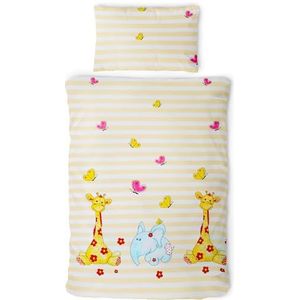 Gräfenstayn® Kinderbeddengoed, set van 2 stuks, diermotief en geïntegreerde ritssluiting, van 100% katoen (renforcé-kwaliteit), dekbedovertrek 135 x 100 cm en kussensloop 60 x 40 cm, giraf en olifant