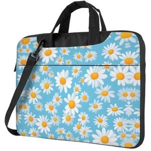 Gele ultradunne laptoptas met kip, laptoptassen voor bedrijven, geniet van een probleemloze en stijlvolle reis, Witte Daisy op Lichtblauwe Achtergrond, 14 inch