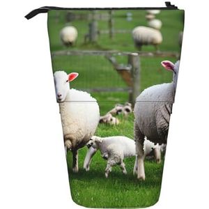 Nbtghga Schapen en Lammeren Print Potlood Telescopische Klassieke Kunsten Stand Up Potlood Case Organizer Potlood Houder Make-up Tas Gift, Zwart, Eén maat