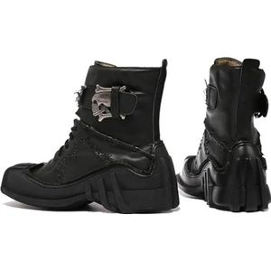 Men's Lace-up Motorcycle Boots With Gothic Skull, Vintage Mid-Calf Punk Rock Ankle Boot, Winter Warm Snow Boots (Color : Black Cashmere, Size : 42 EU)