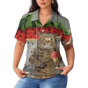 Leuke kat bedrijf watermeloen paraplu ijs dames korte mouw poloshirts casual kraag T-shirts golfshirts sport blouses tops XL