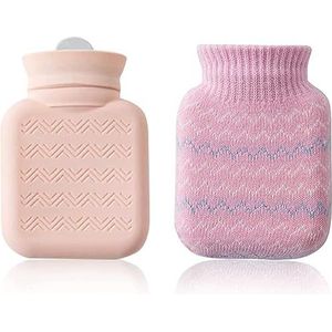 Warmwaterflessen, warmwaterzak, schouderpijn en handvoetwarmer, 320 ml warmwaterkruik met gebreide hoes for pijnverlichting, herbruikbare mini silicagel handwarmers warmwaterzak (roze)(Pink)