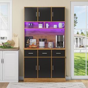 100 x 40 x 180 cm, multifunctioneel buffet met ledverlichting met afstandsbediening, laden, verstelbare planken, kabelgeleidingsgaten en stopcontacten (natuurkleurige kast + zwarte deuren)