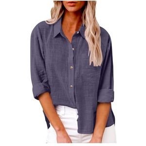 Dames katoenen linnen button-down overhemd 2024 lente casual effen kleur shirts met lange mouwen losse werktops met zakken(Color:Dark Purple,Size:4XL)