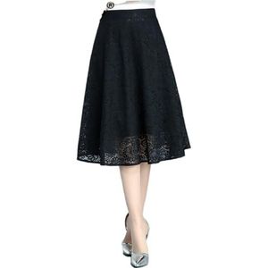 Dames lente zomer kanten rok zwart patchwork hoge taille geplooide paraplu rok, Zwart, XXL