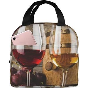 JYQCNSMJYB2 Rode wijn Galsses & druiven met houten print licht duurzame draagtas voor kantoorwerk school geïsoleerde lunchbox voor dames en heren