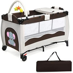 COSTWAY 3-in-1 reisbed met matras, kinderreisbed met speelboog, luiertafel, draagtas, bijzetbed met zijdeur, ademend net, inklapbaar babybed met wielen tot 45 kg belastbaar, bruin