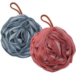 OneTreeTime 2 stuks baddouche loofah-spons, lange rekbare rugspons exfoliërende rugscrubber voor douche voor vrouwen en mannen (roze vorm blauw + roze)