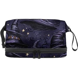 Dubbele Laag Cosmetische Tas Halloween Heks Hoeden Paars Draagbare Make-up Tas Travel Organizer Pouch voor Vrouwen Meisjes Toiletartikelen Tassen, Multi 8, 27x15x14 cm/10.6x5.9x5.5 in, Make-up zakje