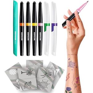 BodyMark Expansion Pack Temporary Tattoo Marker for Skin, Premium Brush Tip, 6 Count Pack of Assorted Colors and Stencils, One Eraser Touch Up Pen, Skin-Safe Temporary Tattoo Markers Set
