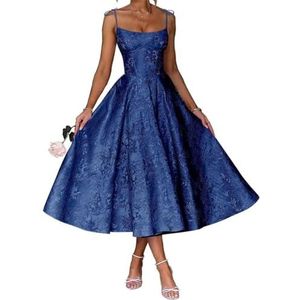 AHERKLL Spaghetti Bandjes Bruidsmeisjes Jurken Bloemen Satijn Jacquard Formele Avond Feest Maxi Jurk Thee Lengte HAH048, Donkerblauw, 40