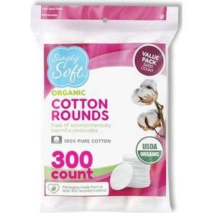 Medline Simply Soft Premium biologisch katoenen ronden, 100 stuks (verpakking van 3), zacht, 100% katoenen pads, gecertificeerd biologisch, hypoallergeen, zacht en absorberend voor schoonheid,