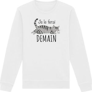 Sweatshirt Je Le Ferai Morgen, uniseks, bedrukt in Frankrijk, 100% biologisch katoen, cadeau voor grappige dieren, Wit, M