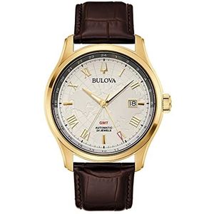 Bulova Heren analoog automatisch horloge met leren armband 97B210, goud/bruin, Riemen.