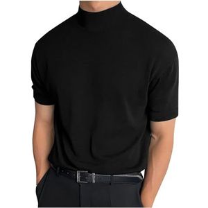 SMUXP Heren T-shirt met korte mouwen, basic polo hals slim fit effen tops, mock coltrui casual lente zomer ondershirt, Zwart, L