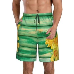 JIAWUJYNB Gele narcissen bloemenprint strandshorts voor heren, lichtgewicht, sneldrogend, zwembroek met trekkoord en zakken, Wit, XL