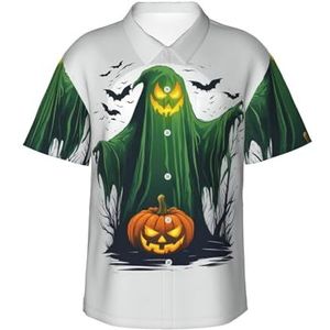 Green Ghost Horror Halloween Pompoen Print Leuk Hawaiiaans Shirt voor Mannen Casual Korte Mouw Button Down Shirts Zomervakanties, Zwart, S