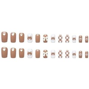 Nageldressing middellang bruin schaakbord teddybeer nagelpatch nepnagel 24 stuks