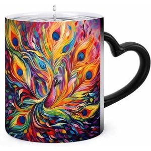 Kleurrijke Pauwenveren Koffie Mok 11oz Kleur Veranderende Mokken Hartvormig Handvat Warmtegevoelige Verkleuring Cups