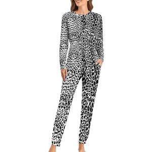 Zwarte luipaardpatroon zachte damespyjama met lange mouwen warme pasvorm pyjama loungewear sets met zakken XL