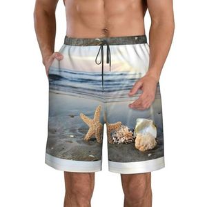 PHTZEZFC Seashells On The Beach Print strandshorts voor heren, lichtgewicht, sneldrogend, trekkoord zwembroek met zakken, Wit, XL