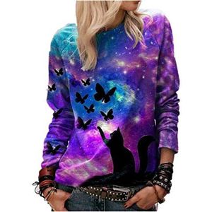 Dames T-shirt met lange mouwen 3D Vlinders Print Starry Sky Cat Grappige Sweatshirts Casual Grafisch, Paars, S