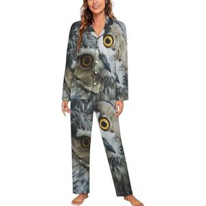 Geel Eyed Eagle Uil Lange Mouw Pyjama Sets Voor Vrouwen Klassieke Nachtkleding Nachtkleding Zachte Pjs Lounge Sets