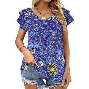 Starry Sky Lines Casual tuniek tops ruches korte mouwen T-shirts V-hals blouse T-shirt