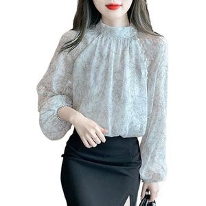 ROUZIHU Damestops losse slanke lantaarnmouwen, ronde hals kralen all-match mode bedrukt chiffon shirt, 1 kleur, XXL