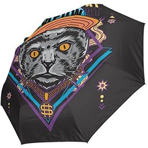 Cat Hip Hop Cool Zwart Automatische Opvouwbare Paraplu UV-bescherming Auto Open Sluiten Vouwen Winddicht Zonneblokkering voor Reizen Strand Vrouwen Kinderen