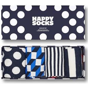 Happy Socks 4-Pack Amazon Big Dot Box, kleurrijke en leuke, Sokken voor Dames en Heren, Zwart-Wit-Blauw-Rood (36-40)