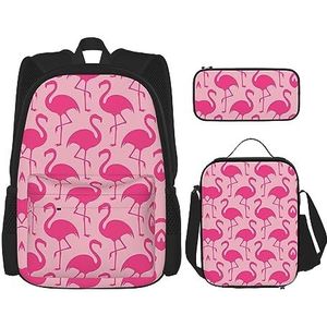 KoNsev Print Rugzak 3 Stks Set Reizen Wandelen Lichtgewicht Laptop Etui Geïsoleerde Lunch Tas voor Vrouwen, Roze Flamingo Patroon, Roze Flamingo, Eén maat