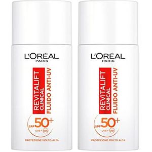 L'Oréal Paris Revitalift Clinical Anti-UV gezichtsvloeistof SPF 50+ Zonbescherming met Netlock-technologie Formule met vitamine C Antioxidant en anti-aging werking Ultralichte - 2 Flessen van 50 ml