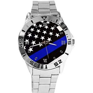 Blue Line Amerikaanse Vlag Mode Mens Polshorloges Sport Horloge voor Womens Casual RVS Band Analoog Quartz Polshorloge