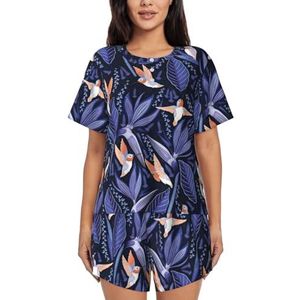 Blauw En Oranje Vogelprint Dames Zomer Zachte Tweedelige Bijpassende Outfits Korte Mouw Pyjama Lounge Pyjama Sets, Zwart, XXL