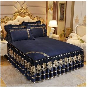 DUNSBY Bedrok luxe sprei op het bed bruiloft laken kant bed cover deken stof koning queen size bed rok met kussenslopen volant laken (kleur: blauw, maat: 3 stuks 180 x 220 cm)