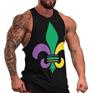 Mardi Gras Fleur De Lis Tanktop voor heren, grafische mouwloze bodybuilding-T-shirts, casual strand-T-shirt, grappig sportshirt