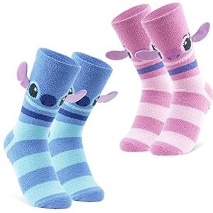 Disney Pluizige sokken voor vrouwen, Stitch Multipack Slipper Sokken, Stitch Gifts (HartenRoze/Blauwe Strepen)
