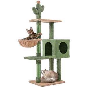 Yaheetech Krabpaal, cactus, kattenboom, 133 cm hoog, 4-traps stabiele klimboom met uitzichtsplatform, mand, kattenmand, sisalstammen, voor 2-3 katten, groen-bruin
