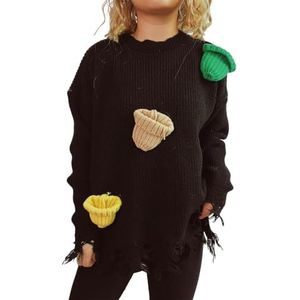 GKEIOSHQIL Truien voor Dames 3D Hoed Versiering Ronde Hals Lange Mouw Gescheurde Zoom Trui Tops Kersttrui,zwart,L