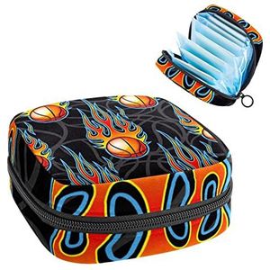 Periode Pouch Draagbare Tampon Opbergtas,Tampon Houder voor Portemonnee Vrouwelijke Product Organizer,Bal Sport Basketbal met Vuur, Meerkleurig, 4.7x6.6x6.6 in/12x17x17 cm
