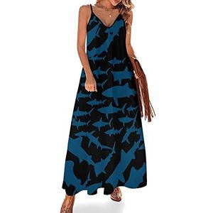Shark Sea Fish Sling Maxi-jurken voor dames, V-hals, casual, mouwloos, verstelbare riem, sexy lange jurk