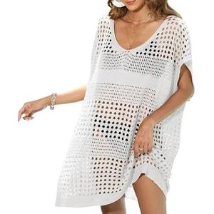 Cover Ups Voor Vrouwen Strandkleding Dames Badpak Losse Jurk Holle Bikini Cover Up Pure Kleur Strandkleding Voor Vrouw Zomer Badmode Zonnebrandcrème Kleding Badpak Cover Ups Voor Vrouwen (Wit)