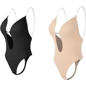 AYESMAN Korsetten voor dames, shapewear, diepe V-hals, bodyshaper, rugloze U-plunge, tanga, shapers, tailletrainer, dames, doorzichtige riem, gewatteerd, push-up korset voor vormgeven, Zwart en Beige,