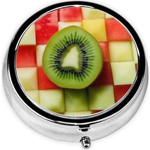 Leuke Kiwi Watermeloen Draagbare Pillendoos - Ronde Pillenorganisator, Doseerkoffer, 3 compartimenten Geneeskunde Pillenetui voor Reizen, Kleine Pillendoos voor Portemonnee & Pocket