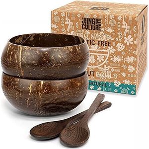 Jungle Culture® Set van 2 kokoskommen en lepels • Biologische houten kommen gepolijst met kokosolie, herbruikbaar stro en zakje • Handgemaakte serveerschalen voor voedsel Acai Smoothies & Salade • Eco-vriendelijk cadeau