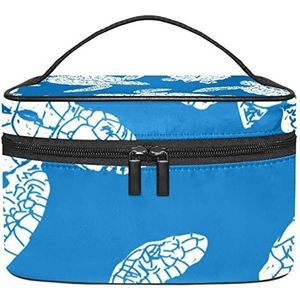 Madeliefje bloemen patroon roze achtergrond make-up tas voor vrouwen meisjes cosmetische tassen met handvat reizen make-up organizer tas, Witte Zee Schildpad Patroon Blauw, 8.9x5.9x5.4 Inches, Make-up zakje